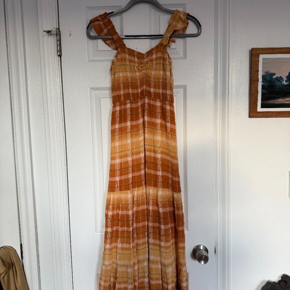 Anthropologie Maxi Dress – Orange Plaid, Tiered, Smocked Bodice, Ruffle Straps - Picture 5 of 8